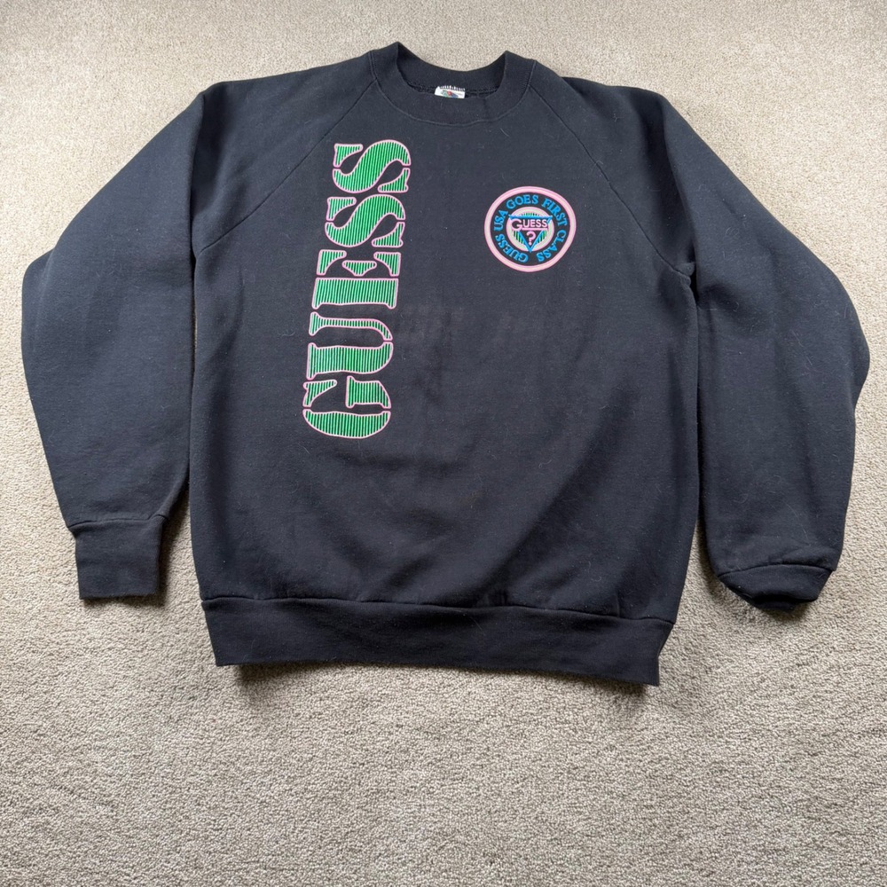 Vintage Guess USA Goes First Class Sweatshirt Black Graphic Pullover Large